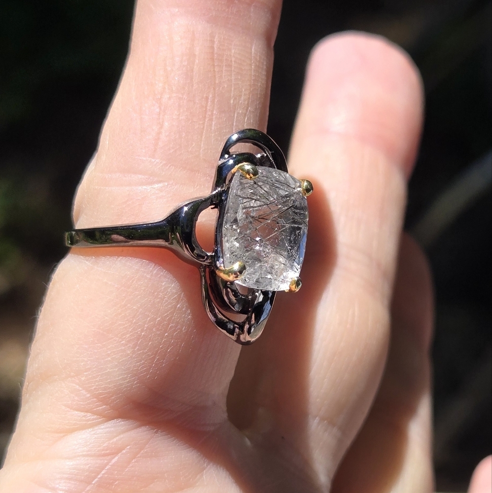 Rutilated Quartz 5k emerald cushion cut sterling rhodium & gold ring sz9 - Picture 6 of 9